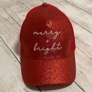 Vibes Hat Co Christmas Red Glitter 'Merry + Bright' Trucker 🧢 Cap